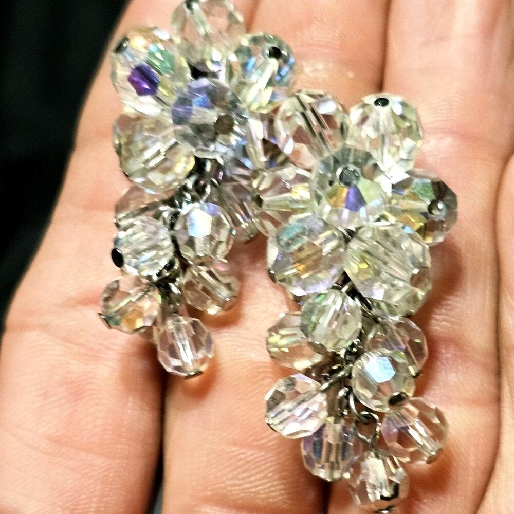 Vintage Aurora Borealis Crystal Bead Grape Style Chandelier Earrings